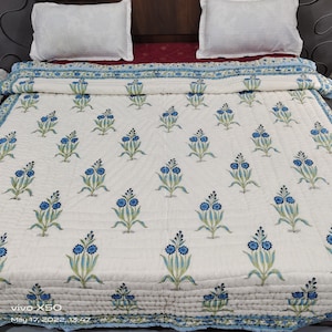 Blue Floral Hand Block Print Quilt | Cotton Blanket | King Queen Twin Size | Reversible Jaipuri Razai Bedding, Lightweight Indian Blanket