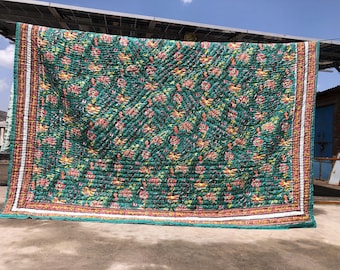 Hand Block Print Teal Cotton Quilt – Reversible Jaipuri Dohar, Ethnic Indian Decor  -