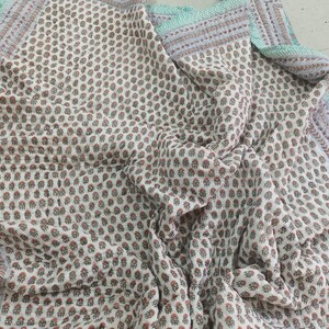 Handmade Floral Block Print Cotton Quilt: Reversible Kantha Bedspread