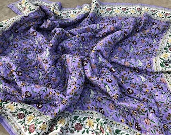 Hand Block Print Cotton Quilt – Floral Kantha Throw - Bohemian Bedding Blanket - boho vintage