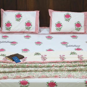 Handmade Floral Block Print Quilt: Queen Cotton Bedspread