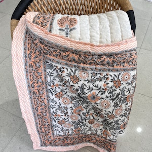 Hand Block Printed Kantha Quilt: Reversible Cotton Bedspread