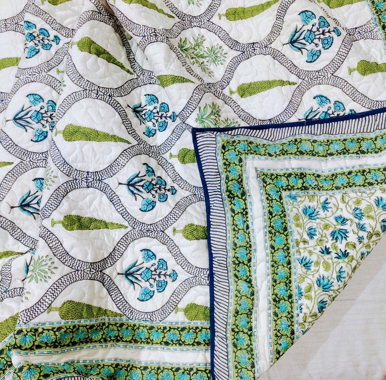 Kantha Reversible Quilt/ Hand Block Print /bed Cover/ Indian Quilted