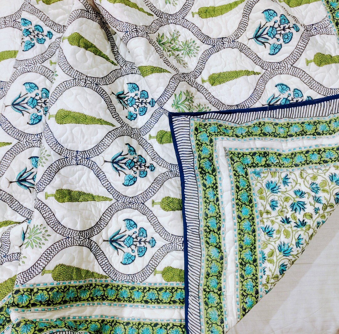 Kantha Reversible Quilt/ Hand Block Print /bed Cover/ Indian Quilted