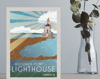 Wisconsin Point Lighthouse Retro Style Greeting Card