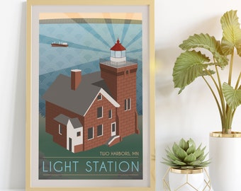 Two Harbors Light Station Retro Style Poster