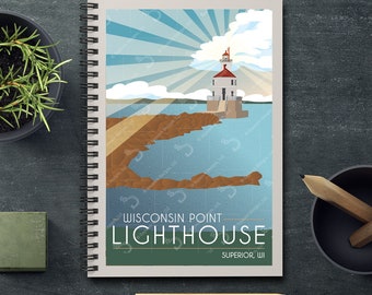 Wisconsin Point Lighthouse Retro Style Spiral, Rule-Lined Notebook
