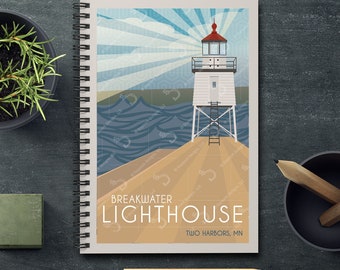 Breakwater Lighthouse Retro Style Spiral, Rule-Lined Notebook