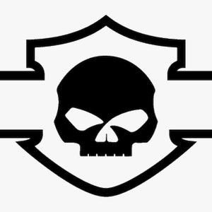 Könnte beinhalten: Schwarz-weiße Silhouette eines Schädels mit einem Querbalken, der einem Motorradclub-Logo ähnelt.