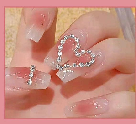 Heart Rhinestones Nude Press on Nails Coffin Long Fake Nails Acrylic Nails  for Women and Girls 24 PCS 