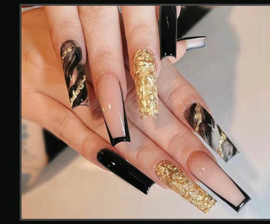 Glossy Press on Nails Long Length French Coffin Fake Nails With Black