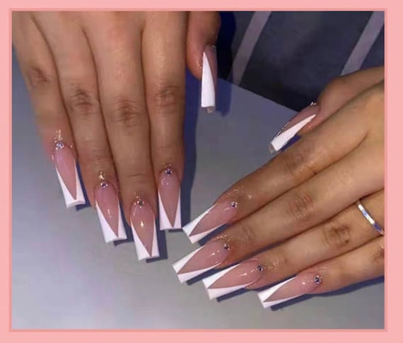 24pcs Wearable Short Coffin French Nude Pink Gradient White Press On  Acrylic Nails Simple False Nails With Glue White Nail Tips - False Nails -  AliExpress