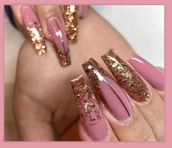 Clear Purple Pink Glitter design Press on Nails w/ glue short rose gold  sparkle