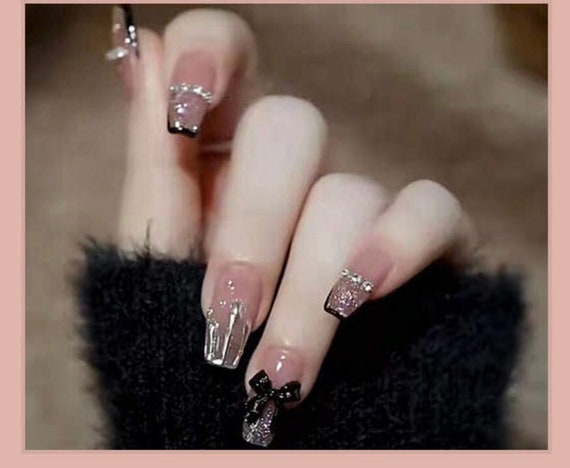 24PCS Kawaii Love Nails Press on Rhinestone Pink Coffin Design Long  Stiletto Fake Nails with Glue False Stick on Tips 24PCS