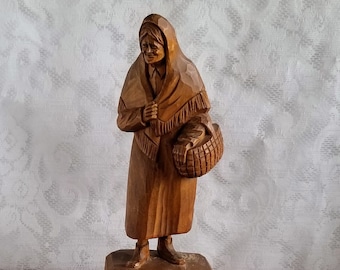 Vintage Wooden Carving Sculptor by A. Peltie - Canadian Artist - Detailed Hand Carved Older Female Figure - 12" in Height - In Nice Shape