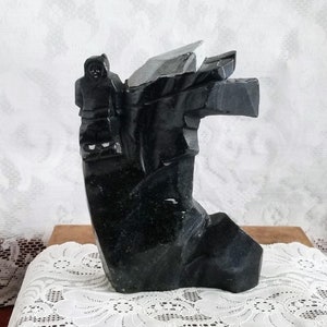 Hand Carved Aboriginal Soapstone Sculpture - Inuit Canadian Made Beauty! Inuit Standing On Top of a Rock Cliff -Beauty -Signed -See Photos