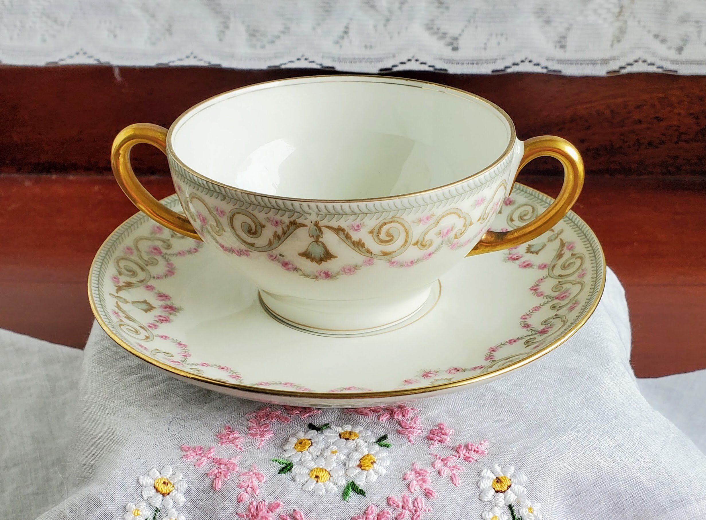 Antique Elite Works Limoges Double Handled Cup and Saucer Etsy