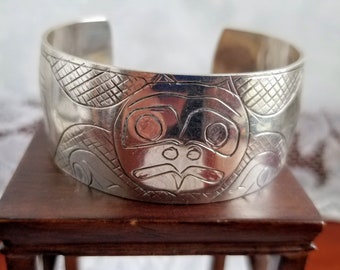 Native Coast Salish Sterling Vintage Solid Owl Cuff Bracelet- Native 1st Nations Jewelry -Weight is 40 gram- 1" Width -Hand Engraved -Wisdom