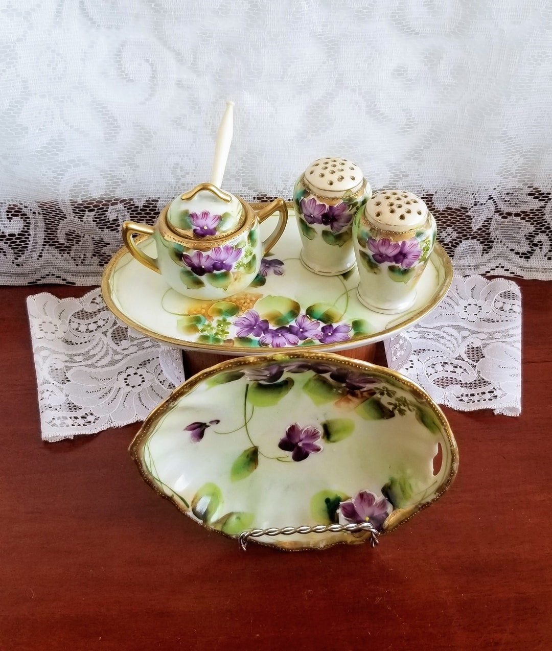 Antique Nippon Porcelain Hand Painted Purple Violets With Gold