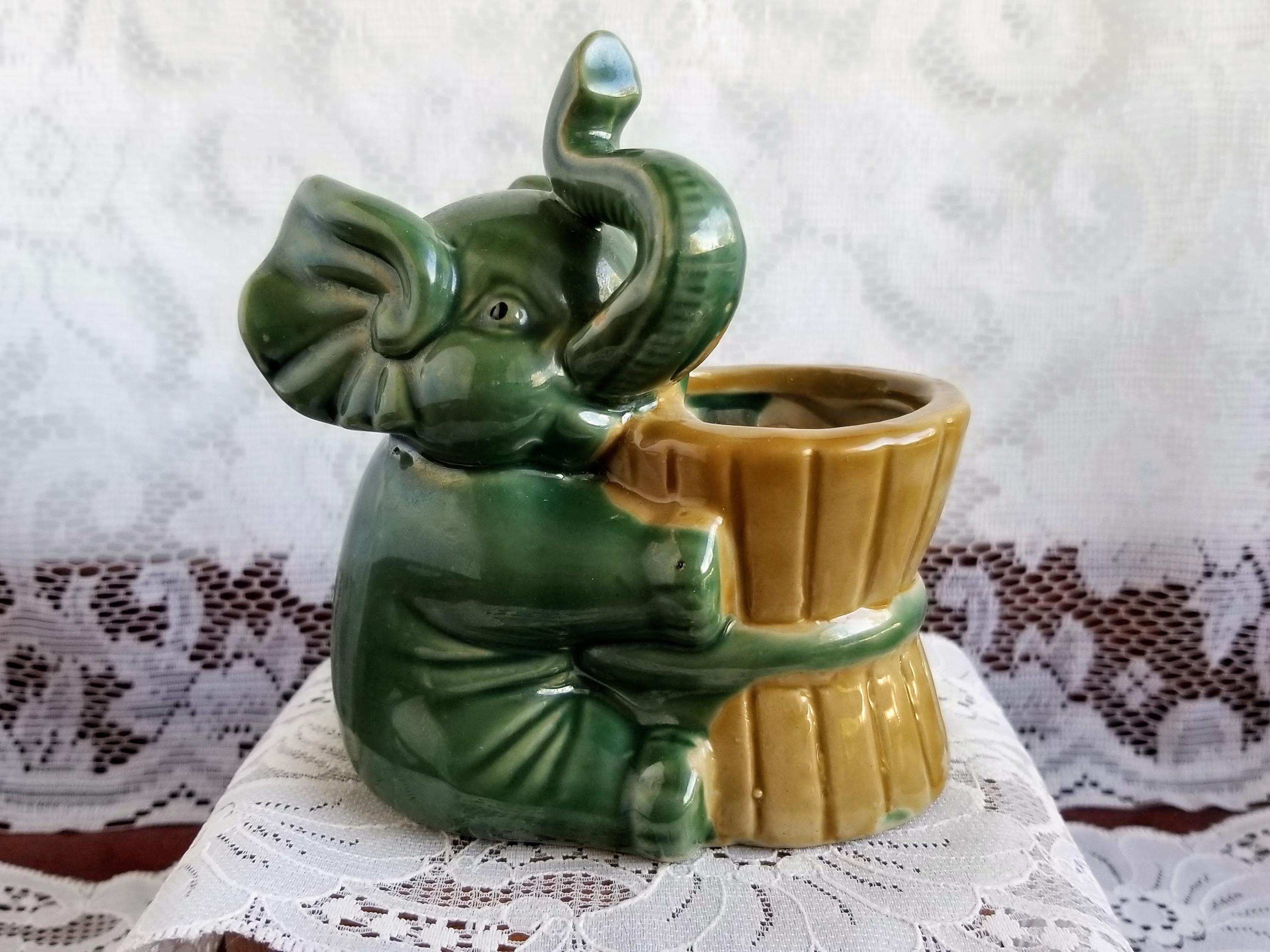 Vintage Majolica Green Ceramic Elephant Planter With Trunk Up- Elephant ...