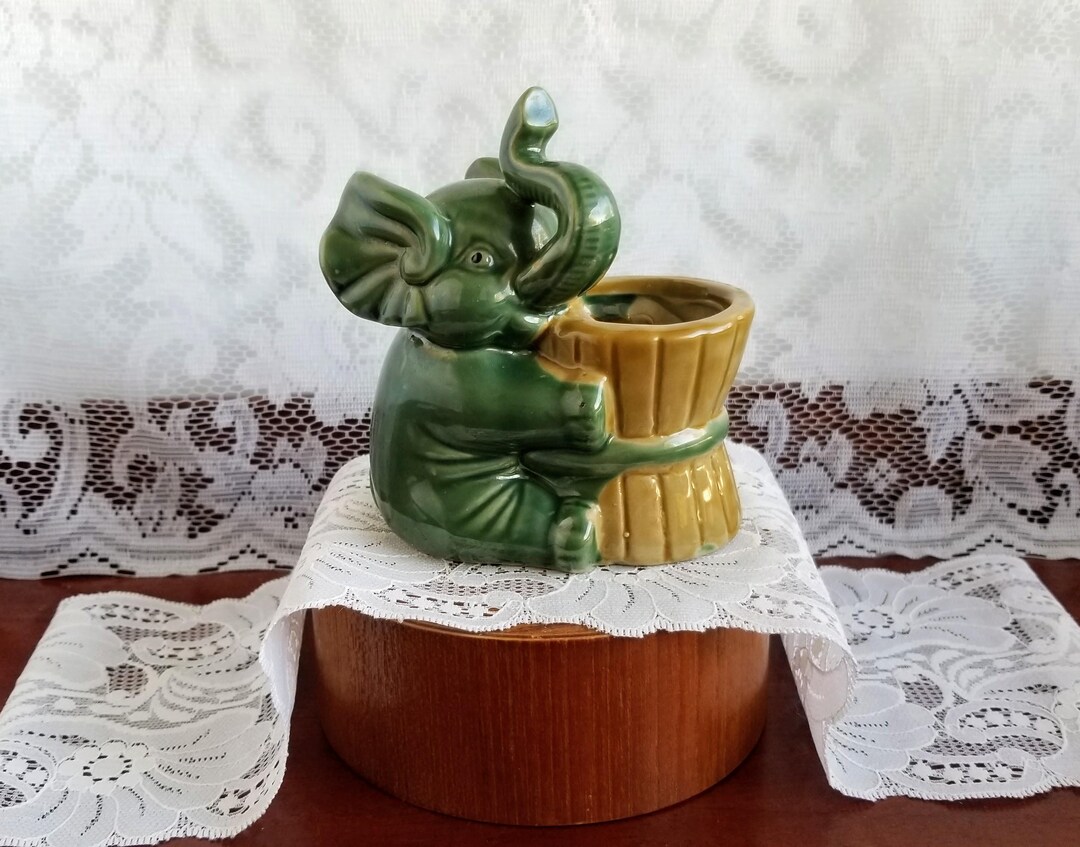 Vintage Majolica Green Ceramic Elephant Planter With Trunk Up- Elephant ...