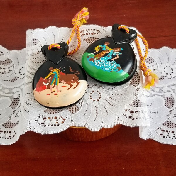 Vintage Spanish Castanets, Flamenco Castanuelas - Wooden and Hand Painted With Spanish Dancers - Bull Fighter - In Nice Shape, Bright Colors