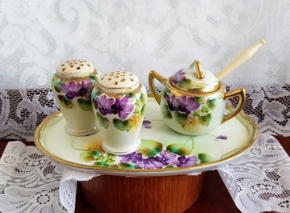 Antique Nippon Porcelain Hand Painted Purple Violets With Gold