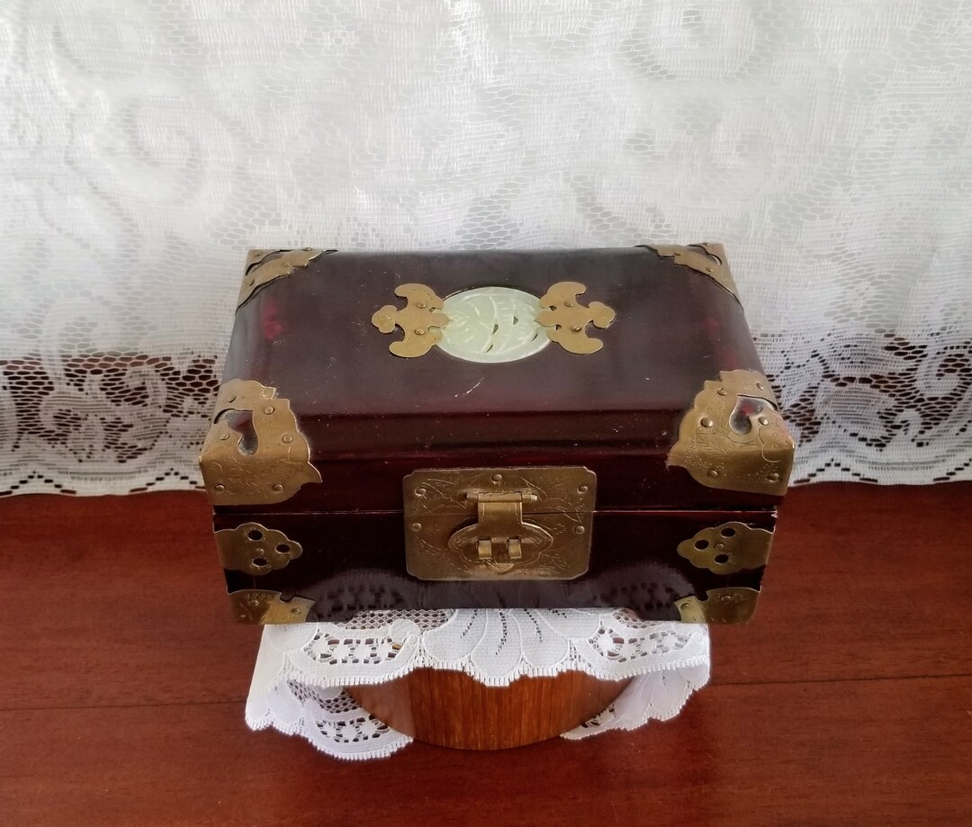 Vintage Chinese Wooden Jewelry Box With Jade & Brass Inlay Vintage Chinese Wooden Jewelry Box With Jade & Brass Inlay