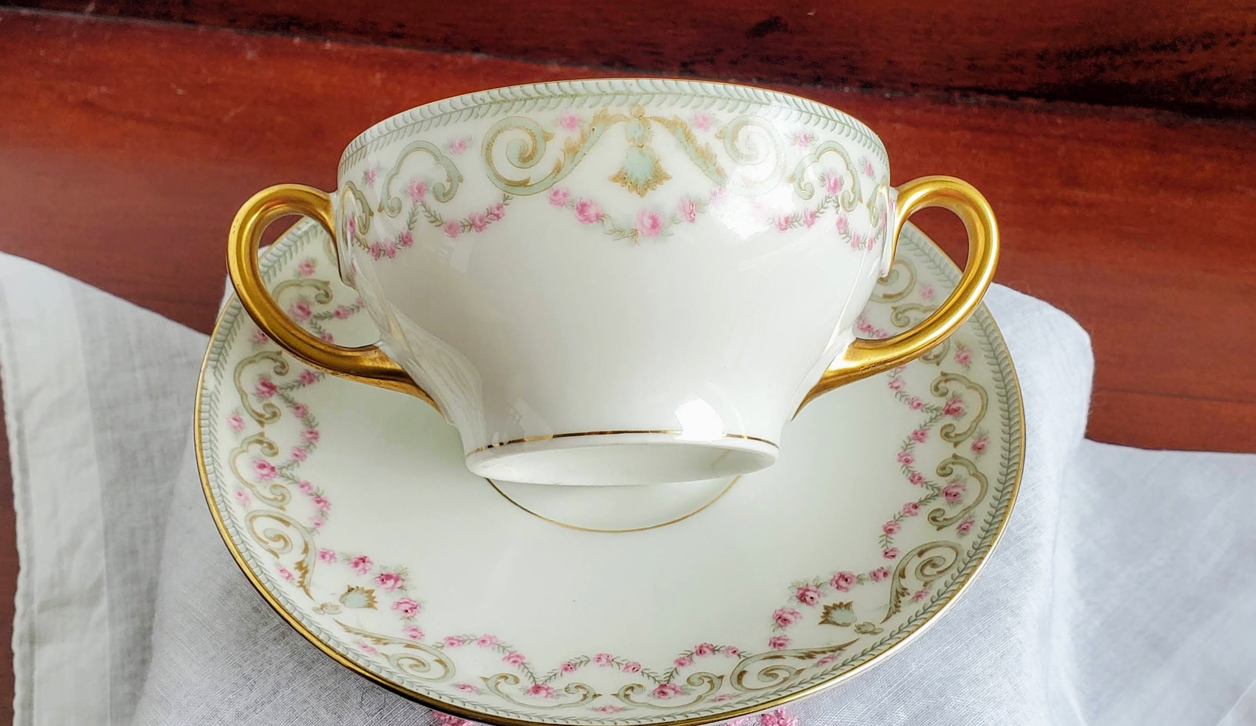 Antique Elite Works Limoges Double Handled Cup and Saucer Etsy