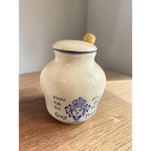 Vtg Grey Poupon Ceramic Mustard Condiment Crock Jar w/Lid and Wooden Spreader