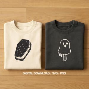 May include: Two sweatshirts with graphic designs. One is cream-coloured with a black ice cream sandwich illustration. The other is dark grey with a white ghost popsicle design. The text "DIGITAL DOWNLOAD / SVG / PNG" is at the bottom.