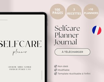 Peut inclure: Une illustration numérique d'un journal de planification de l'auto-soin sur l'écran d'une tablette. Le journal est conçu avec une esthétique minimaliste et présente le texte "SELFCARE planner" en police noire. Le texte "QUOIQUIL ARRIVE NOUBLIE JAMAIS DE PENSER A TOL" est également inclus dans la conception. Le journal est annoncé comme ayant 100 pages, 3 recettes et 10 planificateurs. Le texte "Selfcare Planner Journal" est affiché dans une police de caractères plus grande. Le texte "À TÉLÉCHARGER" est affiché sur un bouton. Le journal est décrit comme étant non daté, modifiable et réutilisable.