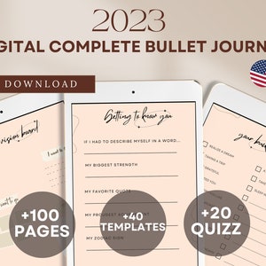 May include: A digital bullet journal for 2023 with over 100 pages, 40 templates, and 20 quizzes. The journal includes sections for setting goals, creating a vision board, and tracking progress. The journal is designed to help users get to know themselves better and achieve their goals.