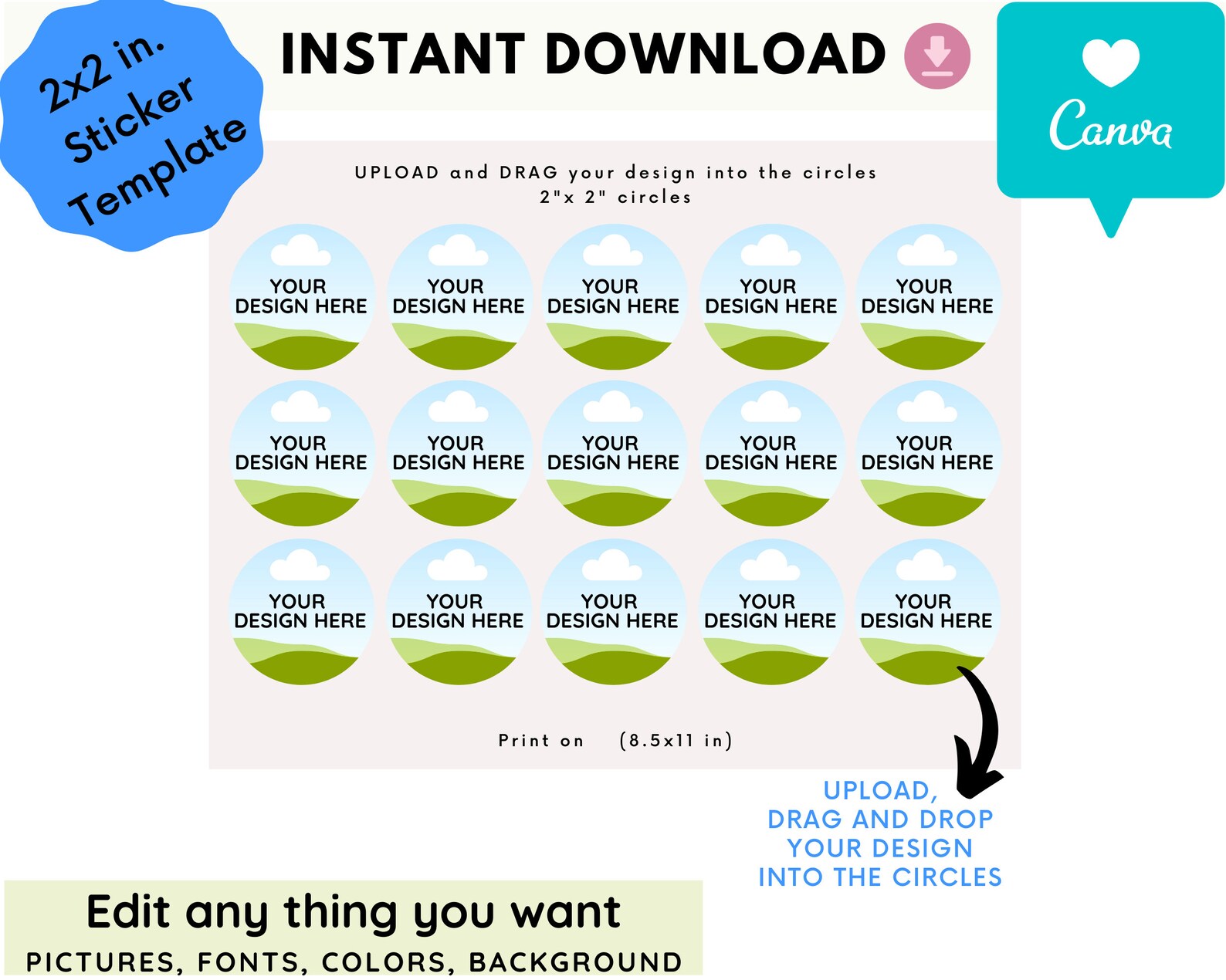 Cupcake topper template Cupcake sticker template 2x2 inches Etsy