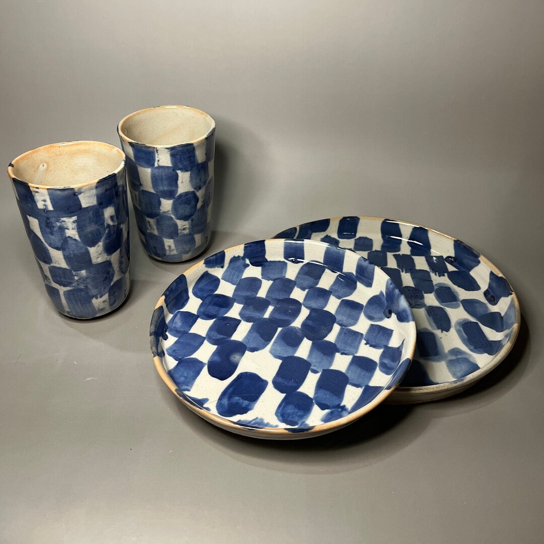 Slipcast Checkerboard Dinnerware Set checkerboard Plates and Cups Etsy