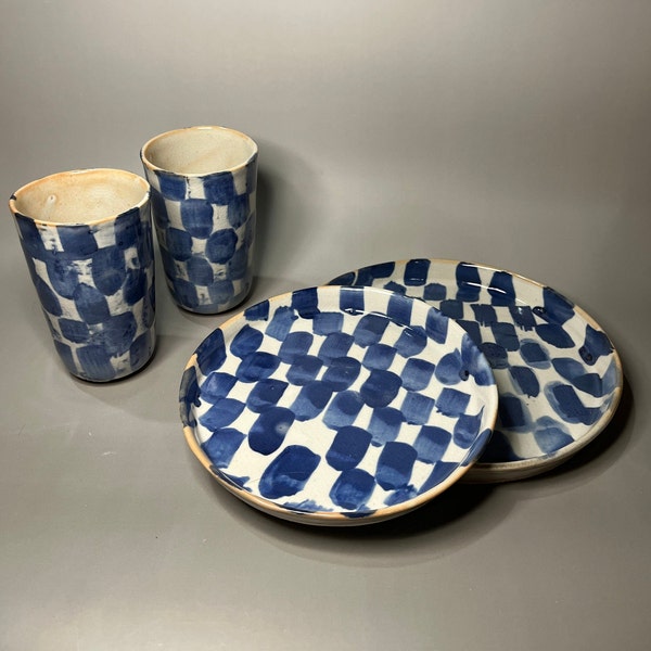 Slipcast checkerboard dinnerware set (checkerboard plates and cups)