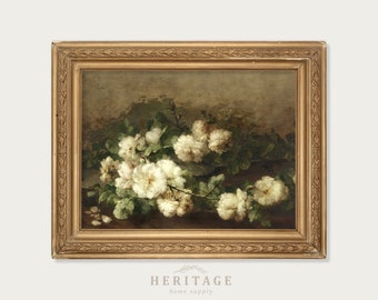 Vintage Floral Painting, Rose Oil Painting, Antique Floral Still Life, Painting of White Roses, Flower Painting, Printable Floral Painting