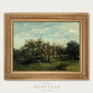 Vintage Landscape Painting, Antique Art, Tree Painting, Apple Orchard Painting, Country Landscape, Apple Blossoms, Farmhouse Painting