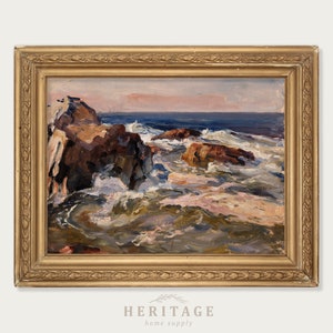 Vintage Coastal Painting, Vintage Oil Painting, Digital Print, Cove Painting, Ocean with Sunset, Coastal Landscape, Rocky Shore, Seascape