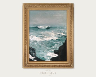 May include: An antique framed oil painting of the ocean. The artwork depicts a seascape with crashing waves in shades of teal and white, contrasted by dark rock formations. The frame is ornate and gold.