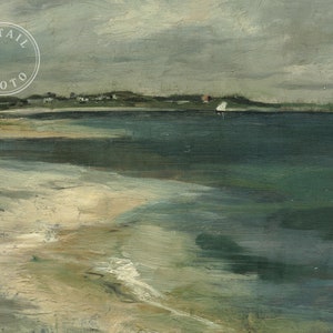 May include: A painting of a seascape with a sailboat in the distance. The water is a deep blue-green color and the sky is a light gray. The shoreline is a sandy beach with some green vegetation.