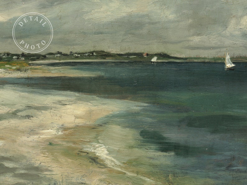 May include: A painting of a seascape with a sailboat in the distance. The water is a deep blue-green color and the sky is a light gray. The shoreline is a sandy beach with some green vegetation.