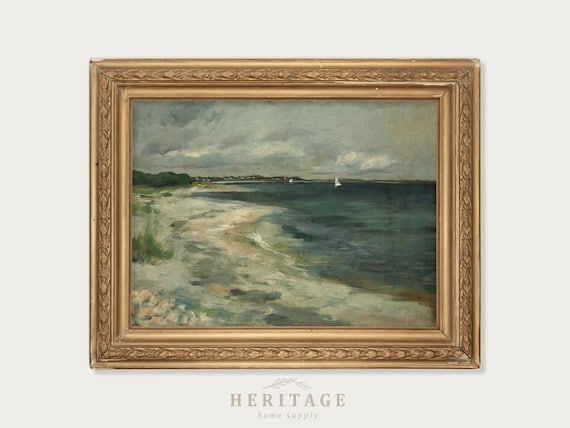Vintage Stormy Seascape, Ocean Oil Painting, Coastal Landscape Print, Printable Art, Shoreline, Beach Printable, Coastal Decor, Teal Waters