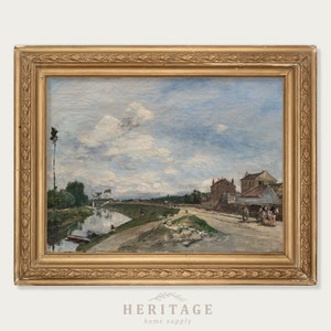 Vintage French Landscape, French Countryside, Riverside Painting, Scenic French Art, Scenic Landscape Painting, Blue Skies, Country Painting