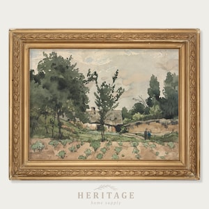 Vintage French Landscape Painting, French Farmhouse, Garden Scene, Vintage Watercolor, Farmhouse with Trees, Antique French Art, Printable