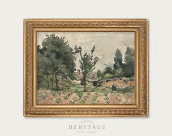 Vintage French Landscape Painting, French Farmhouse, Garden Scene, Vintage Watercolor, Farmhouse with Trees, Antique French Art, Printable