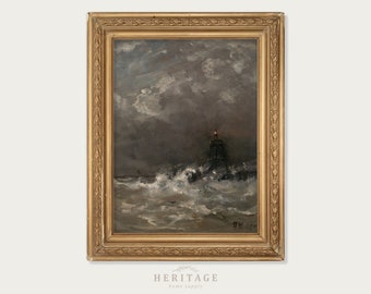 Vintage Lighthouse Painting, Vintage Seascape, Digital Download, Printable Painting, Antique Art, Stormy Painting, Oceanscape, Nautical Art