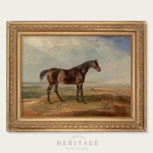 Vintage Horse Painting, Horse Print, Animal Art, Oil Painting, Antique Race Horse, Horse in Landscape, Gallery Wall Horse, Equestrian Art