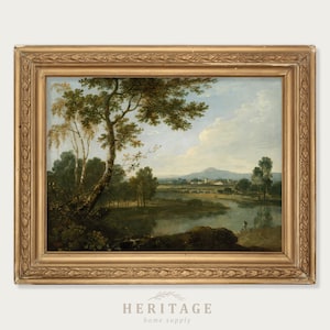 May include: A framed landscape painting depicting a river winding through a green valley with trees and a distant village. The sky is blue with white clouds.