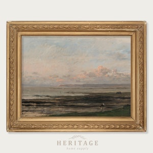 Paesaggio spiaggia vintage, arte antica, pittura vintage, pittura di paesaggio, pittura costiera, arte stampabile, paesaggio marino vintage, arte antica